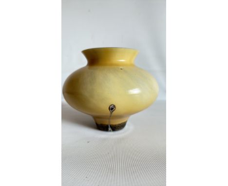 Contemporary Caithness vase with striking crystalline glaze over ochre ground; tactile, organic textures highlight expert kil