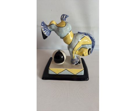 Lorna Bailey Art Deco-style ceramic horse balancing on ball, vibrantly hand-painted in yellow, blue, and black glaze, on geom