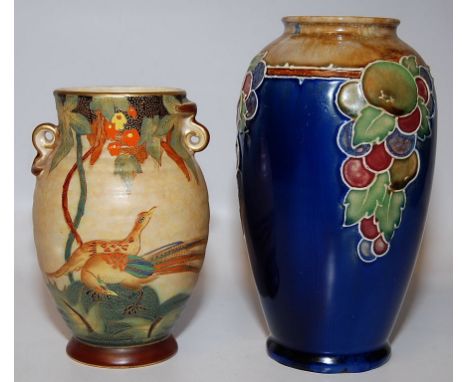 1930s CROWN DEVON BIRD OF PARADISE VASE, RIBBED DESIGN 15CM AND A DOULTON FRUIT VASE 19CM