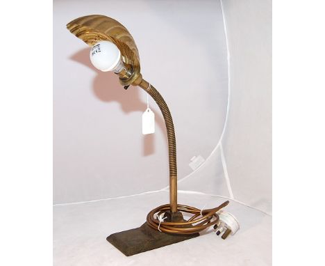 VINTAGE ANGLE POISE DESK LAMP WITH CAST BASE AND FLEXIBLE SUPPORT, FITTED WITH A BRASS SHELL STYLE SHADE.