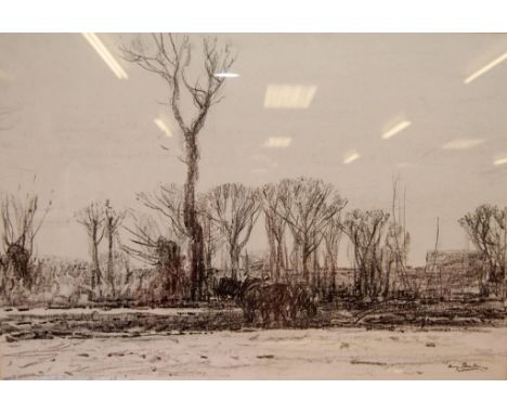 PRINT OF HEAVY HORSES PLOUGHING BEARING PENCIL SIGNATURE HARRY BECKER 38 X 55 CM