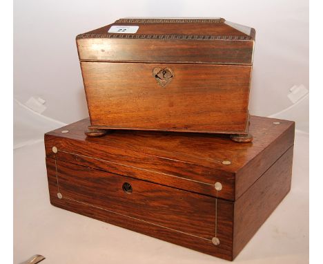 ANTIQUE ROSEWOOD WORK BOX WITH MOTHER OF PEARL DECORATION, TWO TIER STORAGE INSIDE WITH ANTIQUE ROSEWOOD SARGOPHAGUS TEA CADD
