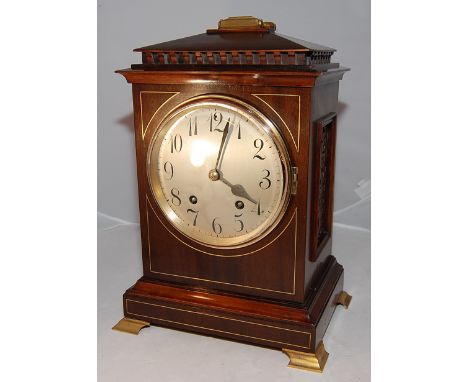 ANTIQUE BRACKET CLOCK WITH PENDULUM MOVEMENT MARKED ' LENZKIRCH AGU 56'. MAHOGANY CHAMFERED TOP CASE WITH CARRY HANDLE AND DE