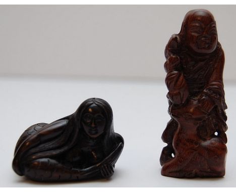 2 CARVED WOODEN NETSUKE - 'MERMAID' AND 'MAN WITH GOAT' , A SMALL BRONZE PESTLE AND MORTAR, MINIATURE CLOISONNÉ VASE AND A PE