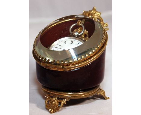 RUBY GLASS AND GILT METAL POCKET WATCH NIGHT STAND WITH OVAL BEVELLED GLASS, HINGED FRONT OPENING INCLUDED VICTORIAN SILVER C