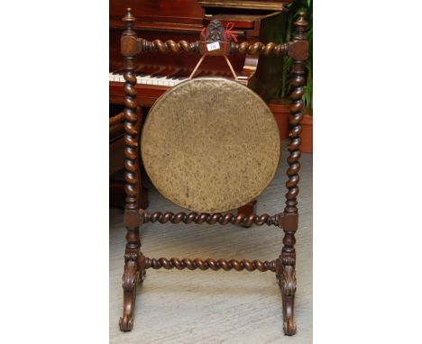 LATE VICTORIAN FLOOR STANDING DINNER GONG IN OAK BARLEY TWIST STAND . (NO HAMMER)