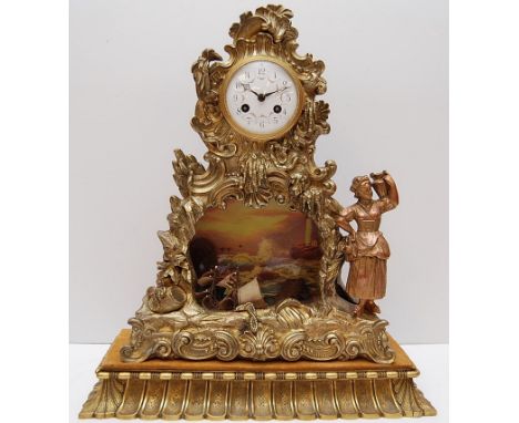 VICTORIAN MANTEL CLOCK FOR RESTORATION SEASCAPE THEME WITH FRENCH MOVEMENT BY MEDAL WINNING MAKER "A D MOUGIN" KEY AND SUNBUR