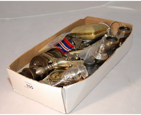 VARIOUS COLLECTABLES TO INCLUDE SET OF BRONZE GEORGIAN SCALE WEIGHTS, CEREMONIAL PICK, SILVERED HUNTING SCENE OPERA GLASSES, 