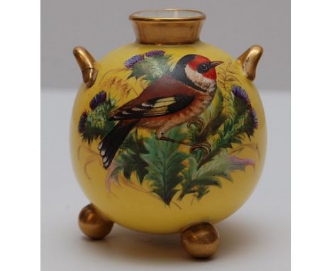 FLOWER PAINTED CREAM JUG BEARING MEISSEN MARK , SMALL GILT K & B WORCESTER URN AND A BIRD PAINTED SPHERICAL SPECIMEN VASE BEA