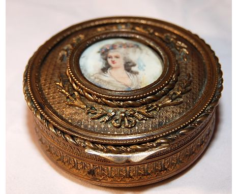 FRENCH BRASS BOX WITH MINIATURE HAND PAINTED PORTRAIT TO TOP