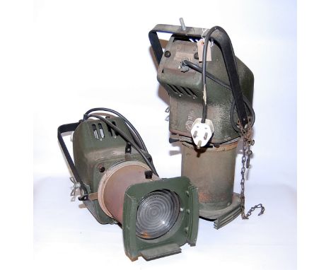 A PAIR OF INDUSTRIAL STRAND ELECTRIC PROFILE MODEL SPOT LIGHTS IN ORIGINAL CONDITION AND FINISH (COLLECTORS'S ITEM ONLY)