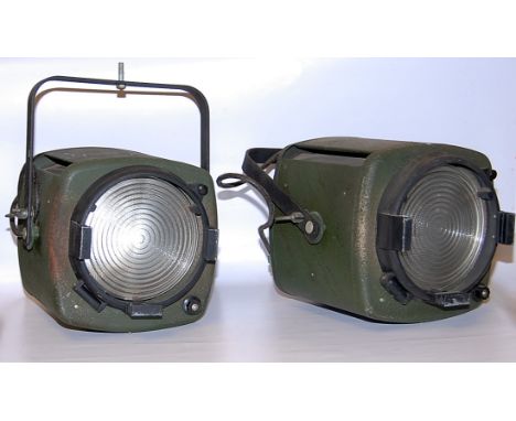 A PAIR OF INDUSTRIAL STRAND ELECTRIC FRESNEL MODEL SPOT LIGHTS IN ORIGINAL CONDITION AND FINISH (COLLECTOR'S ITEM ONLY)