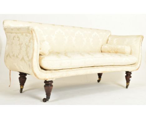 A 19th century Damask fabric upholstered double scrolled settee sofa. The sofa having a padded upright straight back rest ove