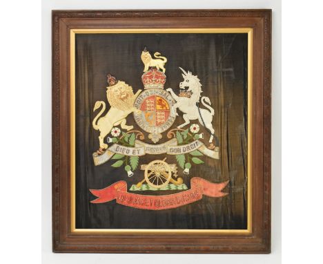 A 19th century artillery regiment Royal coat of arms in applique and embroidery work. The embroidery featuring stumpwork thre