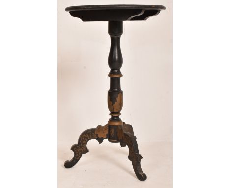 A Napoleon III 19th century ebonised wood &amp; hand painted side tripod table. The occasional table having a circular top wi