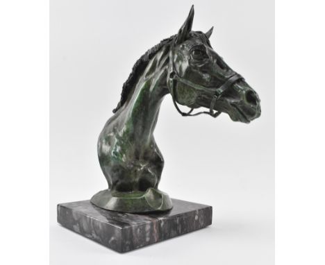 Geoffrey Snell (British, 20th century) - Stallion's Head - A bronze / brass verdigris finish horse head sculpture figure. Sig