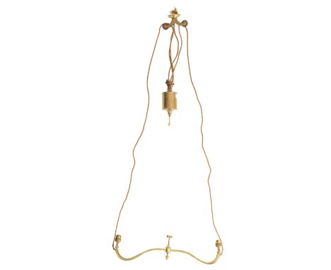 An early 20th century brass &amp; rope counterweight billiard's ceiling light lamp. The light having a rope mechanism atop wi