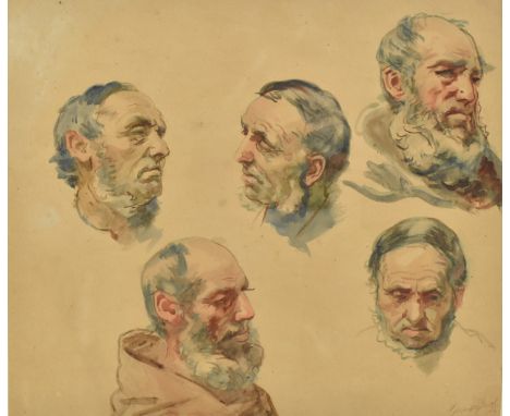 (ARR) Guido Bach (German, 1828-1905) - A 19th century watercolour on paper sketch painting of men's faces. The watercolour de