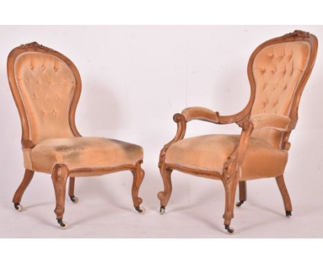 Victorian 19th century walnut framed buttoned back bedroom ladies and gentleman's salon armchairs. Each upholstered in a yell