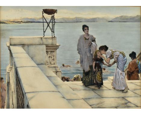 (ARR) After Sir Lawrence Alma-Tadema (Dutch, 1836-1912) - A Kiss - A late 19th / early 20th century hand coloured lithograph 