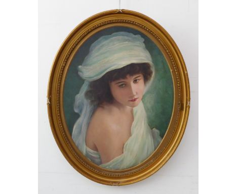19th century Continental School - Half-length portrait of a beauty wearing a white toga, oil on board, oval (18½ x 14½&nbsp;i