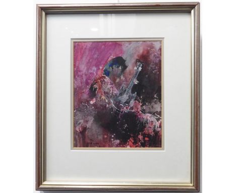 JOHN BLOCKLEY (British contemp.) - Portrait of American rock and roll artist Jimi Hendrix playing his guitar, mixed media, si
