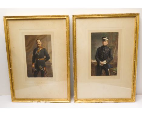 The Wood brothers - two early 20th century Lafayette hand-coloured photograph portraits in leather-backed frames: Major Alger