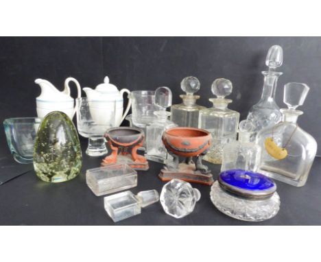 Glassware and ceramics to include: various sized and shaped decanters; a large late 19th century dump with interior bubbles; 