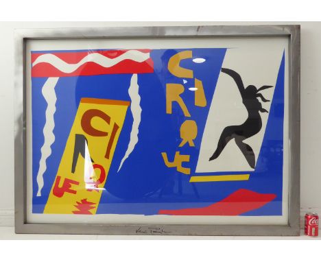 A brushed steel-framed colour lithograph of HENRI MATISSE 'Circus (le Cirque)' from Jazz 1947 (signed to the lower vertical, 