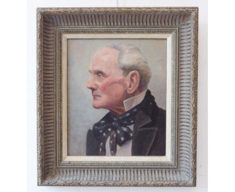 20th century English School - ‘Portrait of a Gentleman’; head turned to dexter, oil on canvas board, (14 x 12 in (36 x 31 cms
