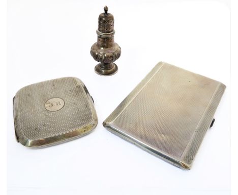 Two hallmarked silver cigarette cases with engine turning, together with a small hallmarked silver early 20th century peppere