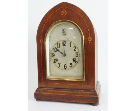 A late 19th to early 20th century German (H.A.C., Wurttemberg) lancet-shaped mahogany and boxwood-strung bracket clock: the s