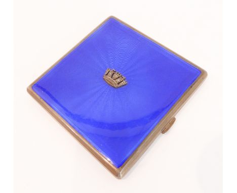 A hallmarked silver cigarette case with blue&nbsp;guilloché enamelling:&nbsp;central applied crown motif and the reverse with