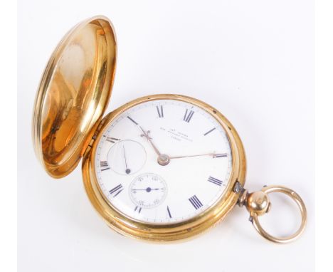 An 18-carat yellow-gold-cased full hunter pocket watch: white-enamel dial with Roman numerals, signed 'JNo. Jones - 338 Stran