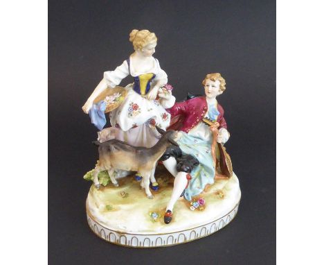 A late 19th century continental porcelain figure model. Female standing with a woven basket of flowers, her suitor sitting an