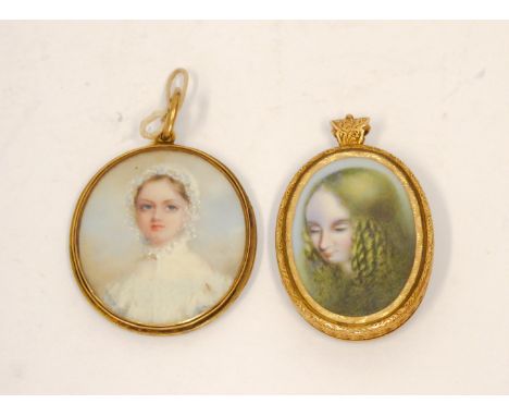 Two early 20th century watercolour on ivory portrait miniatures of young ladies: one with long hair in ringlets, mounted in a