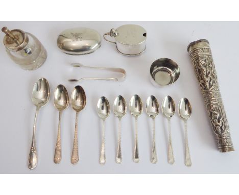 Assorted silver and silver plate to include:a mustard with blue-glass liner;a set of six and three other teaspoons;a small la