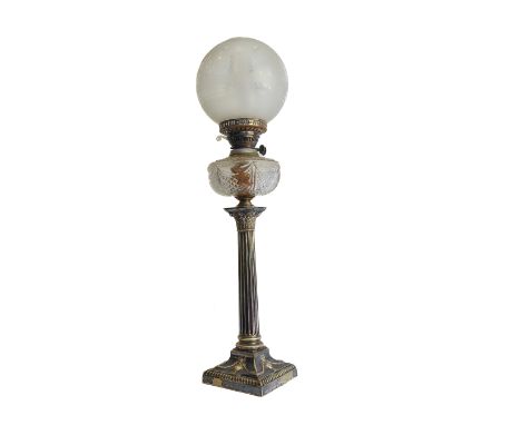 A 19th century silver plated oil lamp: spherical etched shade above a finely hand-cut clear glass reservoir and a corinthian 