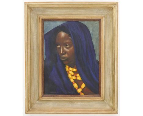 20th century English (?) School - 'Amber Beads', oil on canvas, head study portrait of African woman wearing a blue shawl and