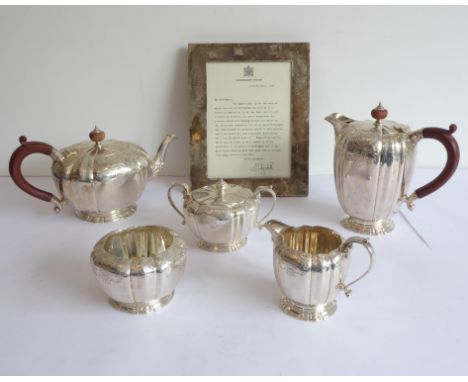 A very fine thick gauge five piece hallmarked silver tea service comprising teapot, hot water jug, two-handled lidded&nbsp;su