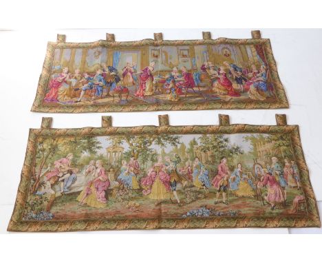 A pair of decorative wall-hanging tapestries in Brussels style: 1. an exterior scene of revelry and dancing in the park of a 