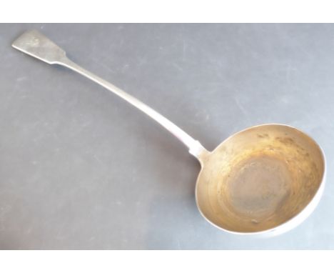 A large 19th century hallmarked silver fiddle pattern ladle (monogrammed): assayed Glasgow 1846 (approx. 233g)