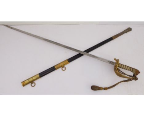 An 1827 Pattern Royal Navy officer's sword and scabbard: the shagreen handle with sword-knot and the hinged locking guard eng
