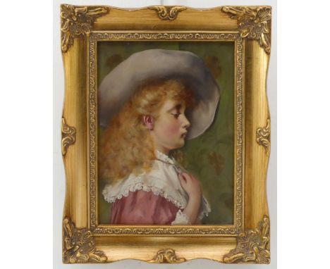 19th Continental School - Portrait of a pretty young girl with blonde curls wearing a wide-brimmed hat and pink gown with a l