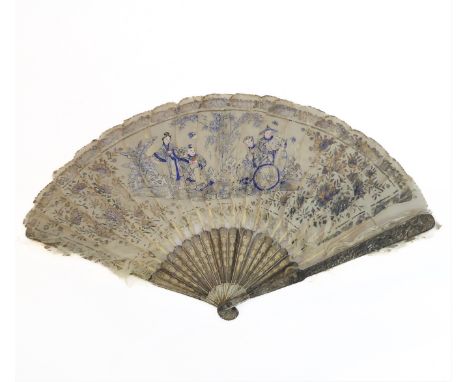 A 19th century Chinese filigree white-metal and feather fan: the guards decorated in relief with plats, leaves, berries, buil