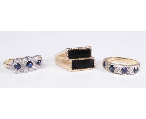 Three assorted rings:a four stone sapphire with diamond-set detail to the 9-carat yellow gold hallmarked setting, ring size M