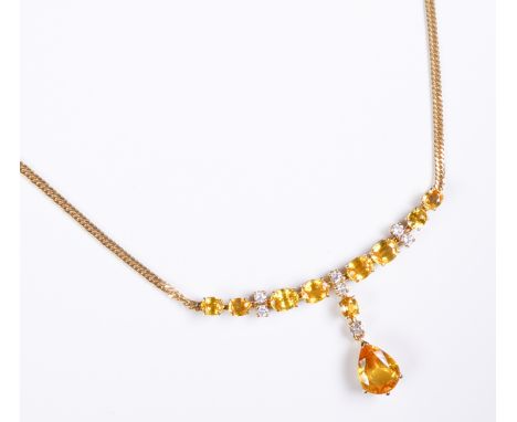 A yellow sapphire, diamond-set and 18-carat yellow gold necklace: the front section composed of four pairs of oval mixed-cut 