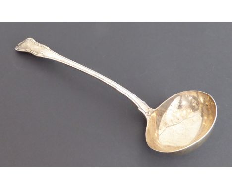 An early 19th century double-struck fiddle-and-thread pattern hallmarked silver ladle: London assay marks, probably 1806 (32 