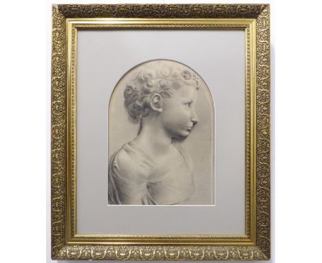 19th century English School - Head and shoulders portrait of a young child dressed in a classical toga, graphite on paper, fa