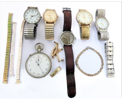 Five gentleman's wristwatches, a stopwatch and a boxed silver bracelet:a 9-carat yellow-gold-cased wristwatch: the discoloure